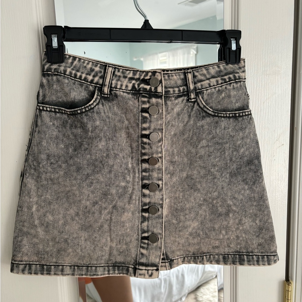 Distressed black button up denim skirt
